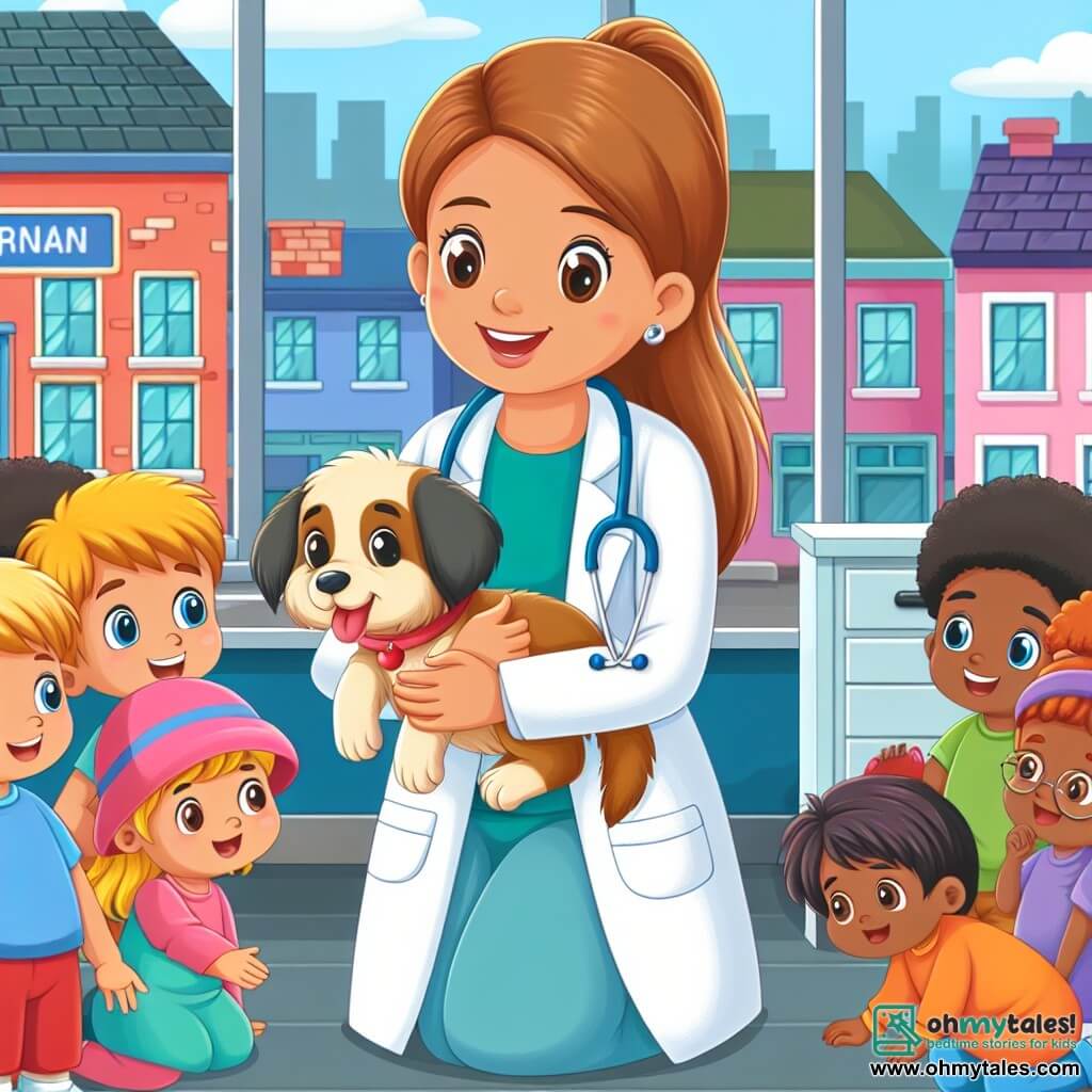 Une illustration destinée aux enfants représentant une vétérinaire passionnée et bienveillante, aidant un groupe d'enfants à prendre soin d'un chiot abandonné, dans une clinique vétérinaire colorée et chaleureuse située au cœur d'une paisible ville appelée Willow Creek.