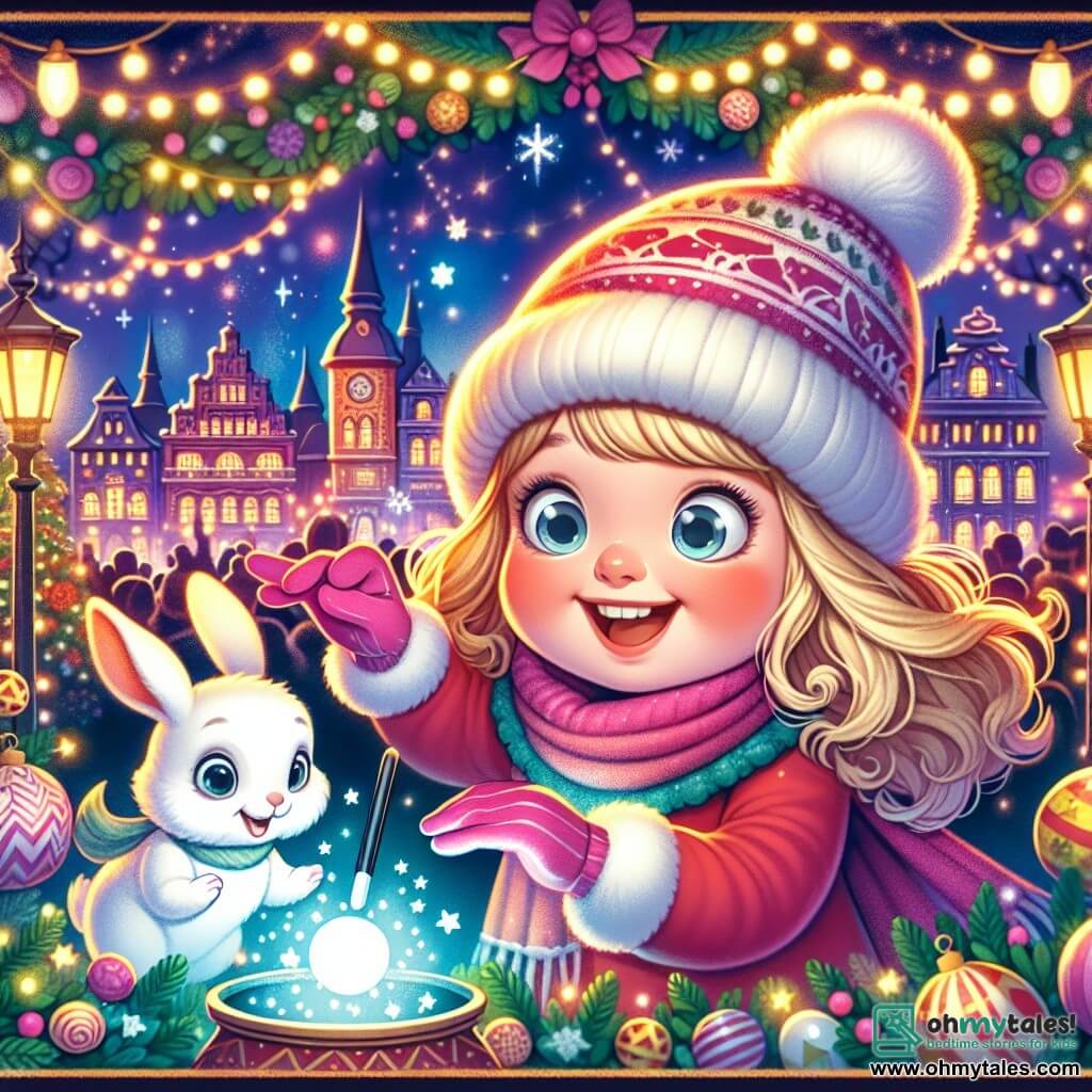 Une illustration destinée aux enfants représentant une fillette étincelante de joie, se préparant à surprendre tout le monde avec un tour de magie lors de la fête du Nouvel An, accompagnée de son fidèle lapin blanc, dans la ville enchantée de Joyeuxville, illuminée par des lumières scintillantes et des décorations festives.