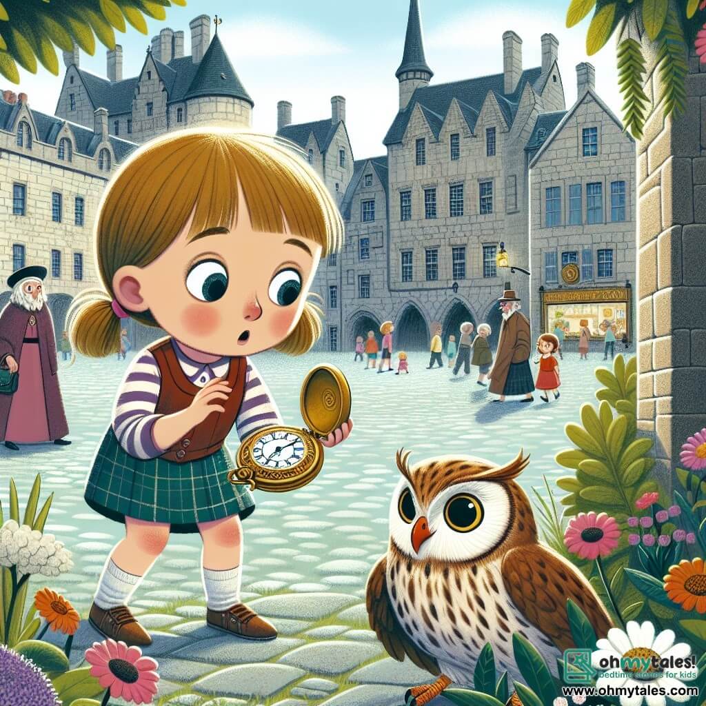 Une illustration destinée aux enfants représentant une jeune fille curieuse découvrant une mystérieuse montre à gousset dans son jardin, accompagnée d'un hibou sage, au milieu d'une place animée d'une ville ancienne aux bâtiments de pierre et aux rues pavées.