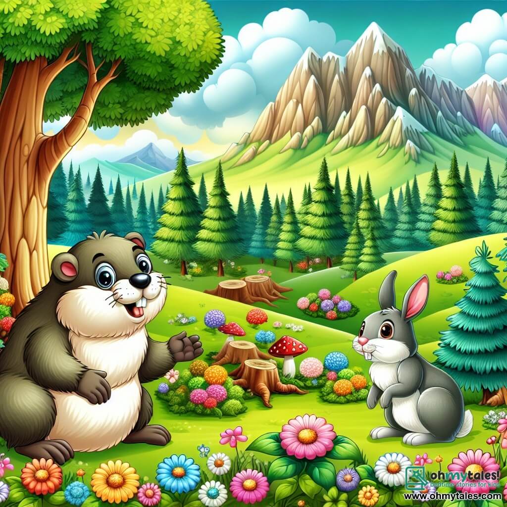 Une illustration destinée aux enfants représentant une marmotte malicieuse et bienveillante, une lapine effrayée, des prairies verdoyantes parsemées de fleurs multicolores et d'arbres majestueux, dans la vallée enchantée de Trèfleval.