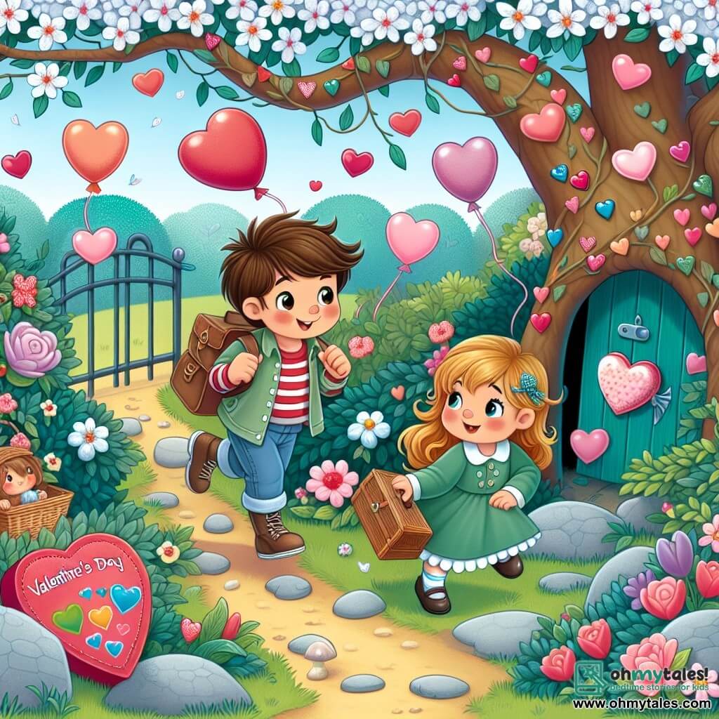 Une illustration destinée aux enfants représentant un garçon curieux et aventureux, accompagné de sa cousine, une fille espiègle et malicieuse, partant à la recherche d'un trésor caché de la Saint-Valentin dans un jardin secret, orné de ballons en forme de cœur et de décorations colorées, sous un arbre en fleurs.