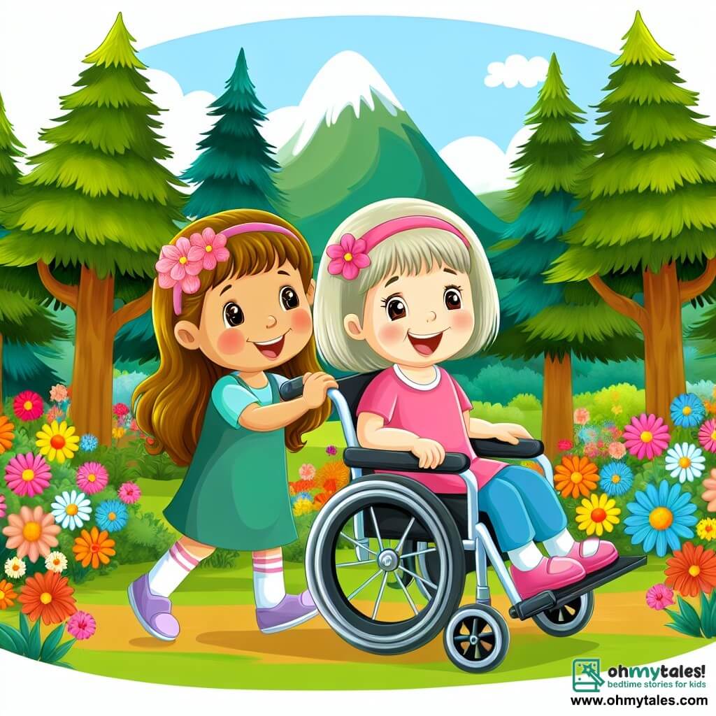 Une illustration destinée aux enfants représentant une petite fille souriante en fauteuil roulant, accompagnée d'une amie qui la pousse joyeusement dans un parc rempli de fleurs colorées et d'arbres majestueux, symbolisant leur amitié et leur aventure ensemble.