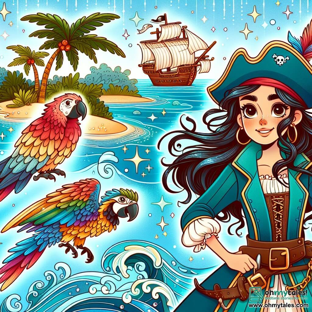 Une illustration destinée aux enfants représentant une courageuse pirate capitaine, une mystérieuse île pleine de trésors cachés, un loyal perroquet aux plumes colorées, et des eaux scintillantes remplies de vagues dansantes et de voiles gonflées par le vent.