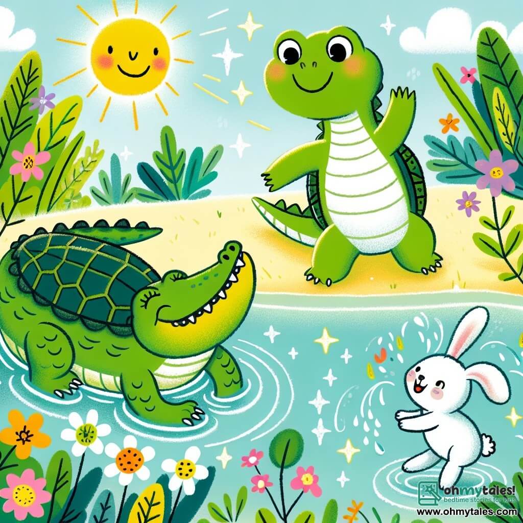 Une illustration sous forme de dessin destinée aux enfants représentant une scène ensoleillée au bord d'une rivière scintillante, où un crocodile aux écailles vert émeraude et au grand sourire joue joyeusement dans l'eau, entouré d'une petite lapine à la fourrure blanche et aux yeux pétillants qui saute parmi les fleurs colorées, tandis qu'une tortue sage, au dos rugueux, les observe avec un sourire bienveillant, capturant l'instant magique de leur nouvelle amitié et de leur jeu insouciant.