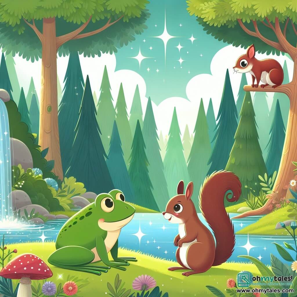 Une illustration destinée aux enfants représentant une grenouille curieuse et aventureuse qui rencontre un gentil écureuil dans une forêt luxuriante, entourée d'arbres majestueux et d'un étang enchanté scintillant comme des diamants sous le soleil.