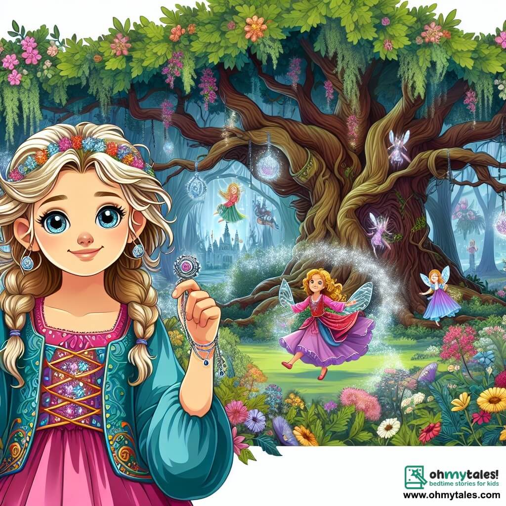 Une illustration destinée aux enfants représentant une jeune fille aux yeux pétillants, vêtue d'une robe colorée, tenant fermement un pendentif étincelant, se tenant devant un majestueux chêne ancien, avec des branches tordues et une forêt luxuriante en arrière-plan, où des créatures magiques virevoltent parmi les arbres et les fleurs.