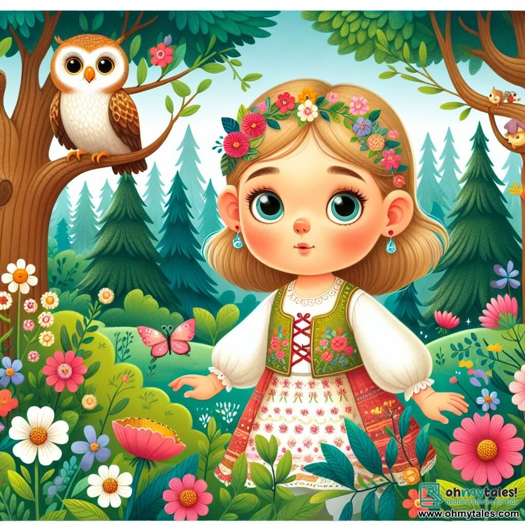 Une illustration destinée aux enfants représentant une petite fille curieuse, aux joues rosées et aux yeux étincelants, qui se trouve dans une forêt enchantée remplie de grands arbres majestueux, de fleurs colorées et d'un hibou sage perché sur une branche.