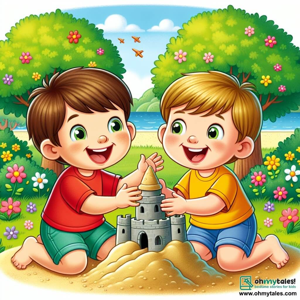 Une illustration sous forme de dessin destinée aux enfants représentant un parc ensoleillé avec des arbres verts et des fleurs colorées, où un petit garçon de 4 ans aux cheveux bruns et aux yeux pétillants, vêtu d'un t-shirt rouge et de shorts bleus, rit joyeusement en jouant dans le sable avec un autre petit garçon de 4 ans aux cheveux blonds et aux yeux clairs, portant un t-shirt jaune, alors qu'ils construisent ensemble un grand château de sable, symbolisant leur nouvelle amitié et les aventures qu'ils partagent.