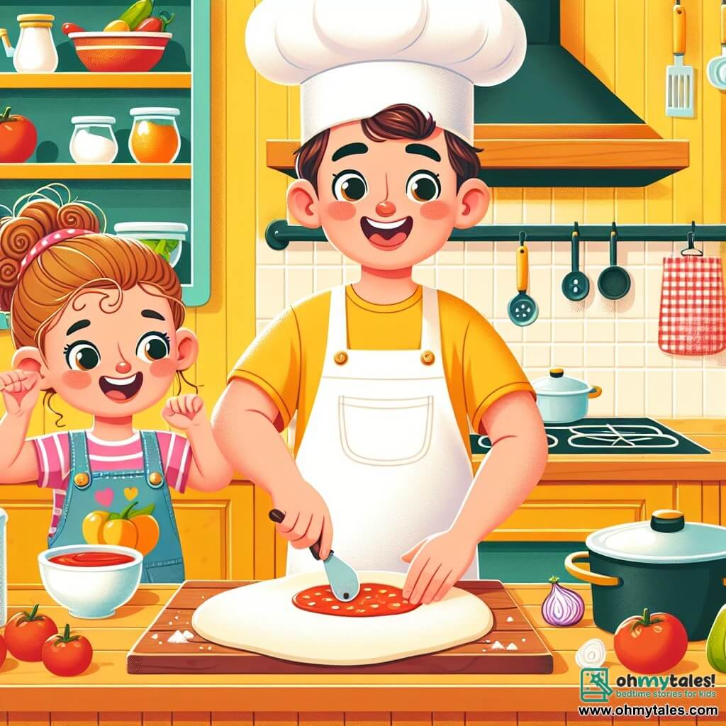 Une illustration sous forme de dessin destinée aux enfants représentant une cuisine colorée et chaleureuse, avec des murs peints en jaune et des étagères remplies de pots et de casseroles brillants ; un homme joyeux portant un grand chapeau de chef blanc et un tablier, souriant tout en étalant de la pâte à pizza sur un plan de travail en bois, et une petite fille aux yeux pétillants et aux cheveux bouclés, vêtue d'un t-shirt coloré, qui étale de la sauce tomate avec enthousiasme sur la pâte, entourés de tomates fraîches, de légumes colorés et d'un four en arrière-plan, illustrant le moment joyeux où ils préparent ensemble une délicieuse pizza.