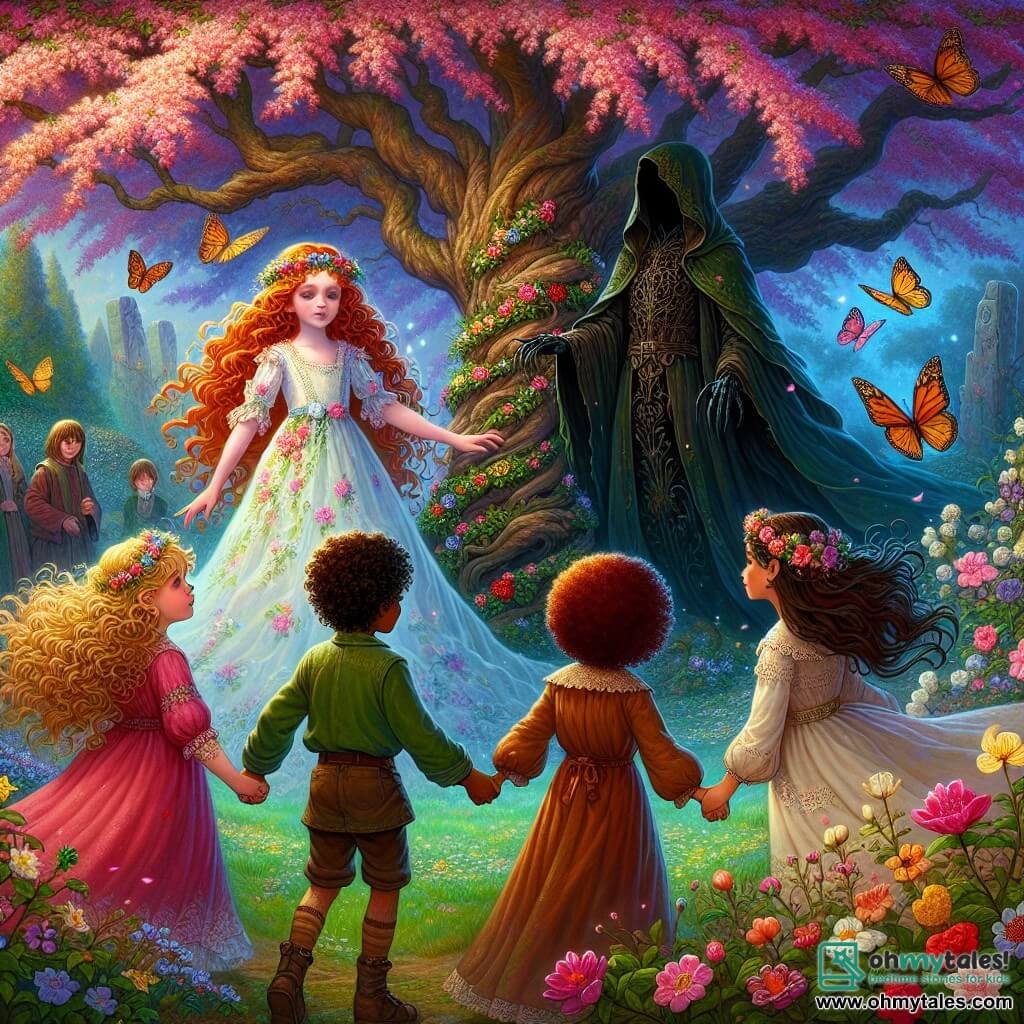 Illustration destinée aux enfants représentant un jardin enchanteur, rempli de fleurs éclatantes aux couleurs vives, de papillons dansants et d'un grand arbre ancien dont les branches s'étendent vers le ciel, créant une atmosphère magique. Au centre, un groupe de quatre enfants de 11 ans, deux filles aux cheveux longs et bouclés, l'une avec des mèches dorées et l'autre avec des cheveux roux flamboyants, ainsi qu'un garçon aux cheveux bruns et une fille aux cheveux châtains, tous les quatre se tenant la main, leurs visages illuminés par l'émerveillement et la détermination. En arrière-plan, une silhouette éthérée, vêtue d'une robe de fleurs, incarne la gardienne du jardin, observant avec bienveillance, tandis qu'une ombre menaçante, un homme aux vêtements sombres et au regard sévère, se tient à l'écart, symbolisant les défis à surmonter. L'ambiance est à la fois joyeuse et pleine de tension, capturant l'instant où les enfants unissent leurs forces pour faire briller leur lumière face à l'obscurité.