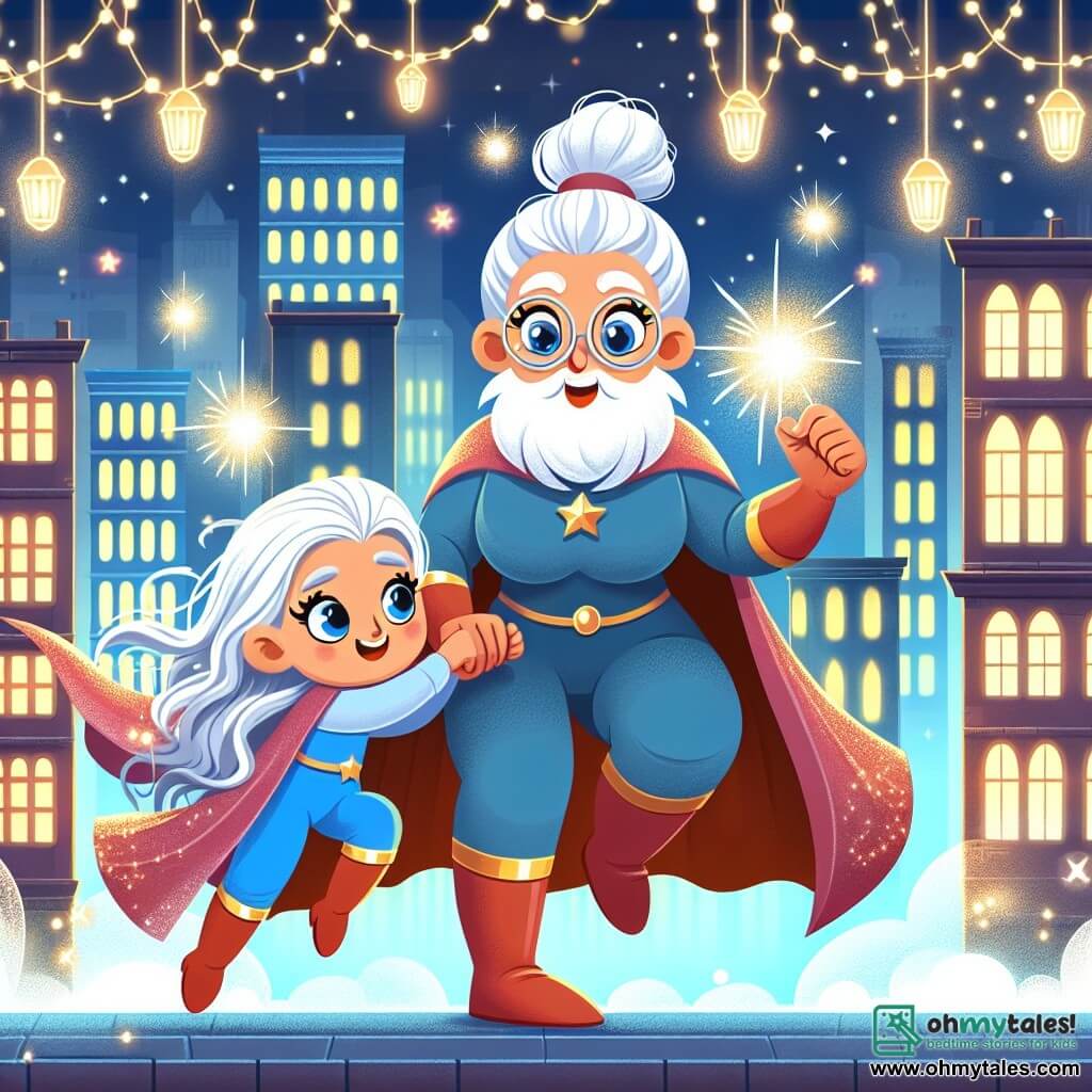 Une illustration destinée aux enfants représentant une super-héroïne aux cheveux scintillants, affrontant un ennemi maléfique avec l'aide d'une sage femme aux cheveux argentés, dans une ville étincelante aux bâtiments en Lumis, illuminée par des lanternes flottantes.