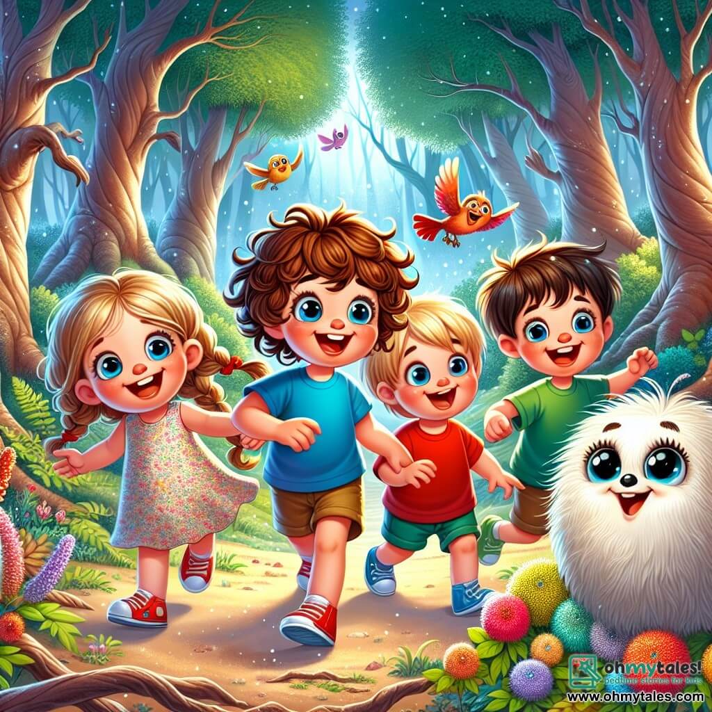 Illustration destinée aux enfants représentant un groupe de quatre enfants de 7 ans, deux garçons aux cheveux châtains et bouclés, l'un portant un t-shirt bleu et l'autre un t-shirt rouge, ainsi qu'une fille aux cheveux blonds en tresse avec une robe à fleurs, et un autre garçon aux cheveux bruns courts en short vert. Ils se tiennent au cœur d'une forêt enchantée, entourés de grands arbres aux troncs noueux et de feuilles scintillantes, tandis qu'un petit être magique, Fluffbottom, un Fuzzlebug aux yeux ronds et au pelage duveteux, les guide joyeusement vers un immense buisson de Giggleberries, qui brille de couleurs vives sous la lumière du soleil couchant. Les enfants rient aux éclats, leurs visages illuminés par l'excitation, tandis que des oiseaux colorés volent autour d'eux, ajoutant une touche de magie à cette scène d'aventure pleine de joie et de découvertes.