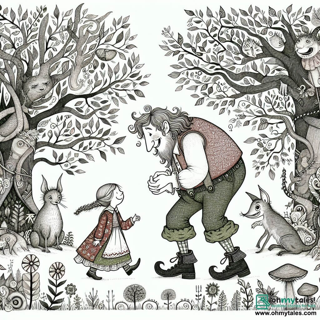 Une illustration destinée aux enfants représentant un géant maladroit et rigolo qui rencontre une petite fille curieuse dans une forêt enchantée remplie d'arbres aux feuilles chatouilleuses et de créatures espiègles, dans le magnifique pays de Giggleville.