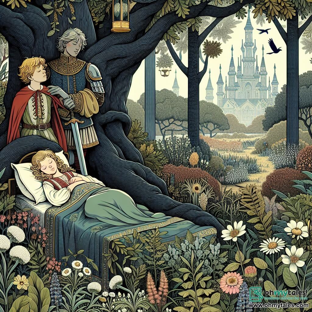 Une illustration destinée aux enfants représentant une jeune fille endormie sous l'ombre d'un majestueux chêne enchanté, accompagnée d'un prince courageux, dans un grove caché rempli d'arbres anciens et de fleurs sauvages, au cœur d'une ville bruyante et polluée.