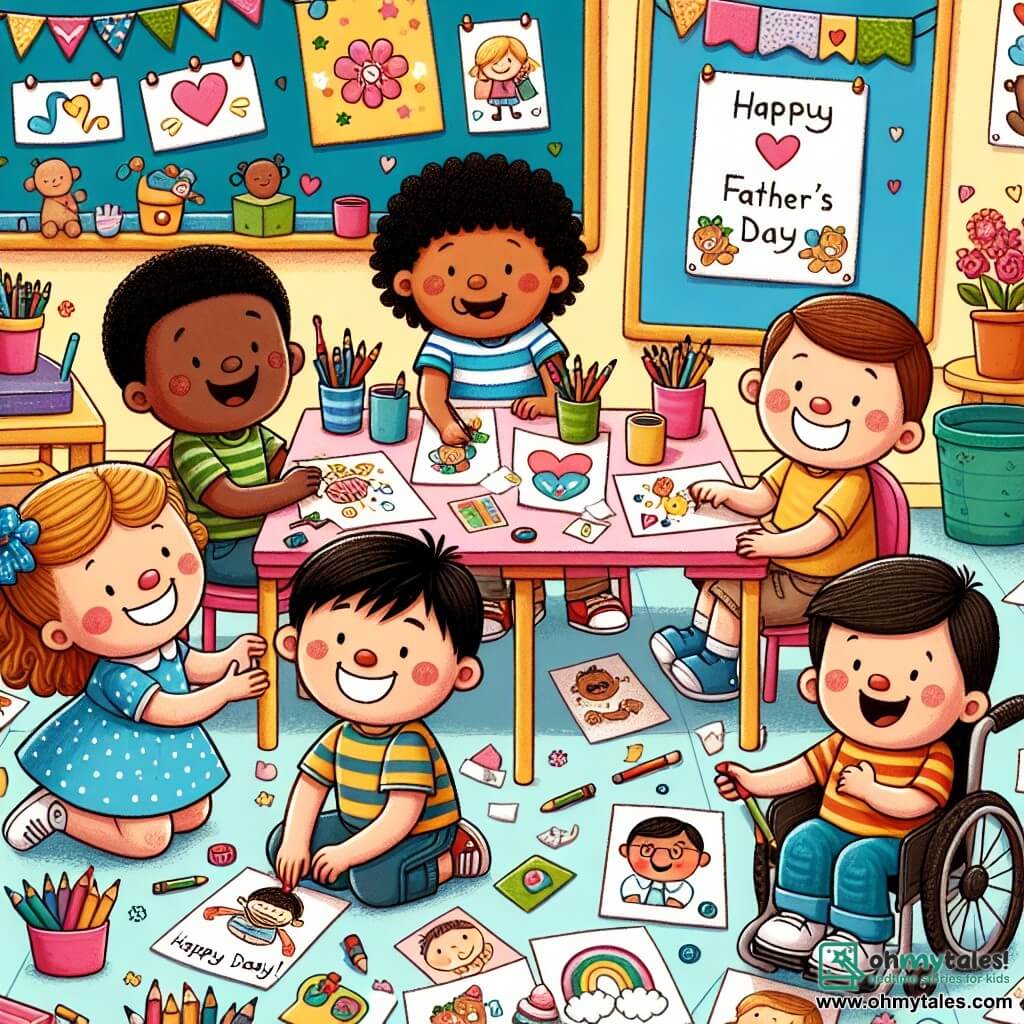 Une illustration sous forme de dessin destinée aux enfants représentant une salle de classe colorée de jardin d'enfants, remplie de décorations joyeuses pour la fête des pères, où un groupe d'enfants de 3 ans, comprenant une petite fille aux cheveux bouclés portant une robe bleue, un petit garçon aux cheveux bruns avec un t-shirt rayé, et un garçon en fauteuil roulant avec un grand sourire, s'affairent ensemble autour d'une table, créant des cartes et des poèmes pour leurs papas, tandis que des crayons, des autocollants et des feuilles de papier colorées sont éparpillés autour d'eux, illustrant leur enthousiasme et leur amitié.