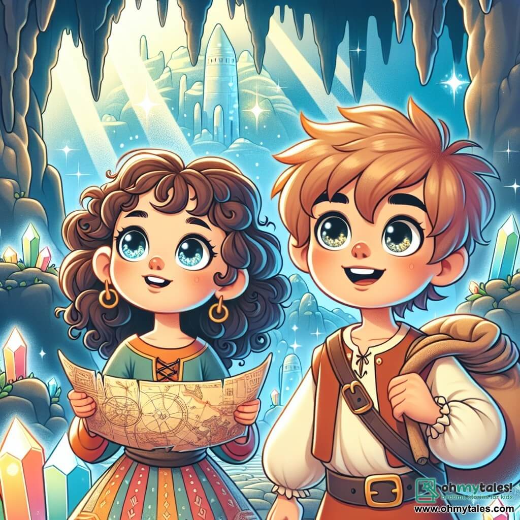 Une illustration sous forme de dessin destinée aux enfants représentant une scène magique sur l'Isle de Wonders, où une jeune femme aux cheveux bouclés et aux yeux pétillants, vêtue d'une tunique colorée, tient une carte ancienne dans ses mains, tandis qu'à ses côtés, un garçon aux cheveux bruns en bataille, avec un grand sourire, tient un sac rempli de trésors, tous deux émerveillés devant une grotte scintillante ornée de cristaux lumineux, symbolisant leur quête d'aventure et de découvertes.