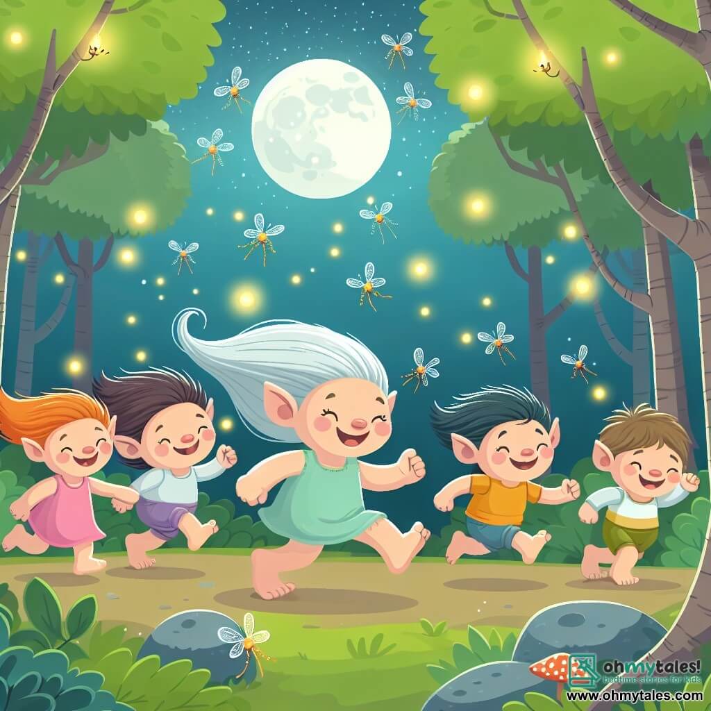 Une illustration destinée aux enfants représentant un troll farceur, accompagné de ses amis, jouant joyeusement parmi les arbres enchantés de la forêt où les lucioles dansent sous la lune scintillante.