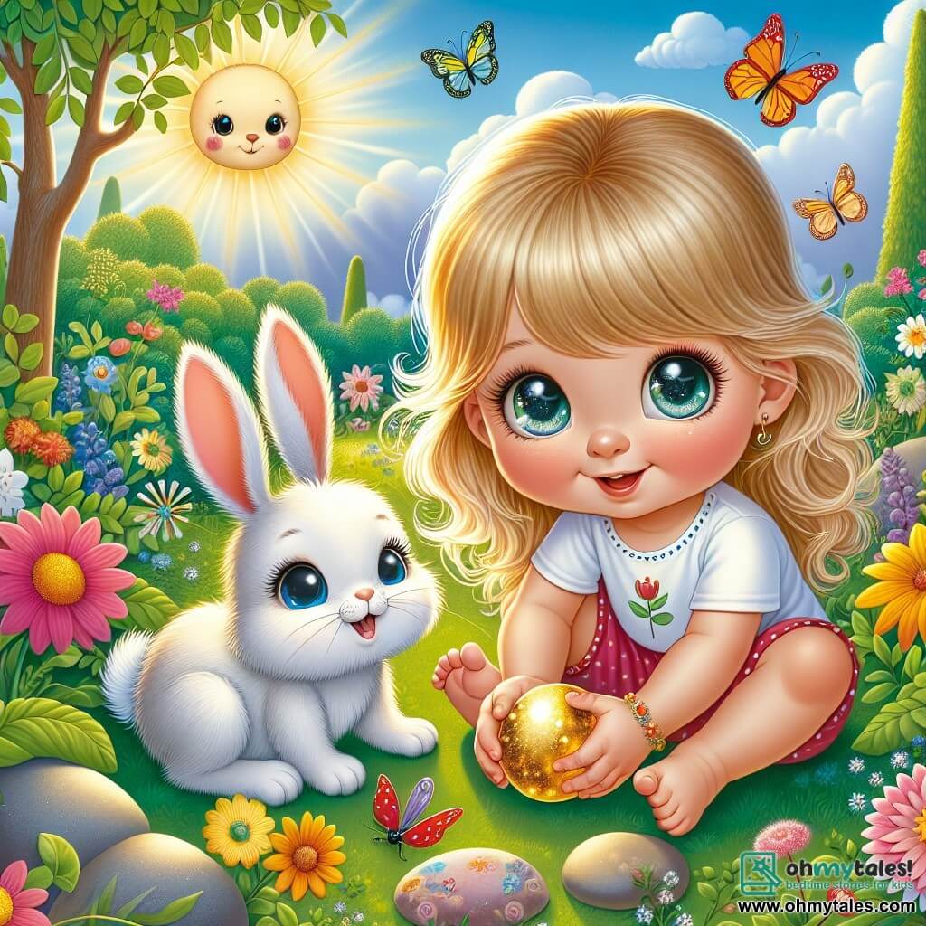 The illustration depicts a sunny garden filled with colorful flowers and tall trees with lush green leaves. In the center, a little girl about one year old, with long blonde hair and sparkling eyes, is crouched on the grass, holding a shiny golden pebble in her hands. Beside her, a small white rabbit with big ears and soft fur looks at the girl with a joyful smile. Together, they explore the garden in search of hidden treasure. Colorful butterflies flutter around them, and a small red ladybug lands on a nearby leaf, adding a touch of magic to the scene. The atmosphere is cheerful and full of adventure, capturing the spirit of exploration and friendship.