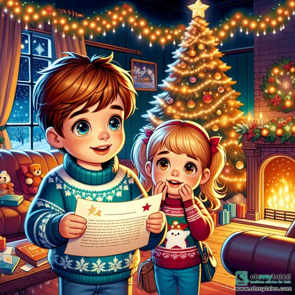 Une illustration sous forme de dessin destinée aux enfants représentant un chaleureux salon décoré pour Noël, avec un garçon de 11 ans aux cheveux châtains et aux yeux pétillants, debout devant un majestueux sapin illuminé, tenant une lettre mystérieuse dans ses mains, tandis qu'une petite fille aux pigtails blonds et aux joues roses, vêtue d'un pull de Noël, l'observe avec curiosité, alors qu'ils découvrent ensemble un message magique qui pourrait sauver l'esprit de Noël.