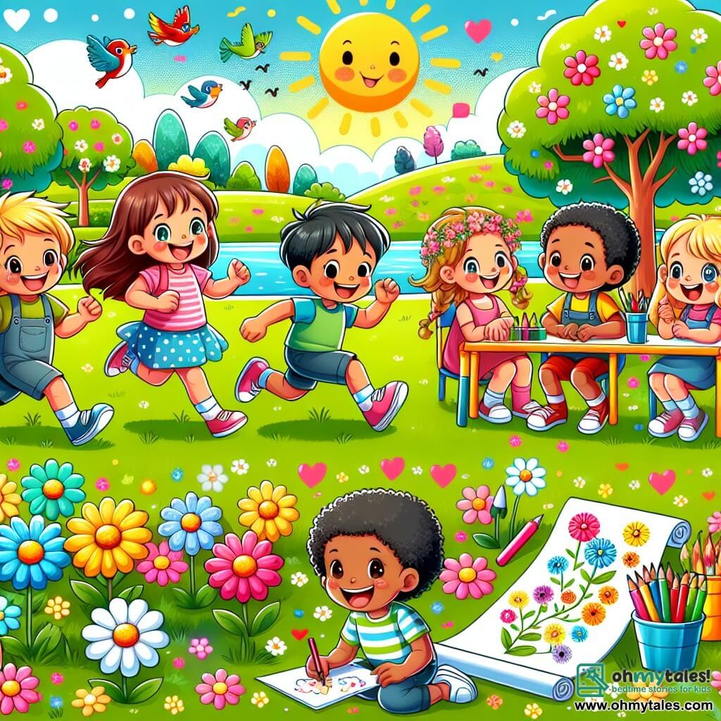 An illustration depicts a sunny park filled with colorful flowers and lush trees. In the center, a group of children plays together on the green grass. There's an 8-year-old girl with long brown hair and sparkling eyes joyfully running. Next to her, a 9-year-old boy with black hair and fair skin smiles as he runs. Another boy, around 7 years old, with curly hair and dark skin, sits in a special chair, enthusiastically encouraging his friends. Finally, an 8-year-old girl with blonde hair and freckles draws flowers on a large piece of paper, surrounded by colorful crayons. The main scene shows the children playing together, laughing, and helping each other, illustrating tolerance and friendship. In the background, birds sing in the trees, and a bright blue sky adds a touch of joy to this warm scene.