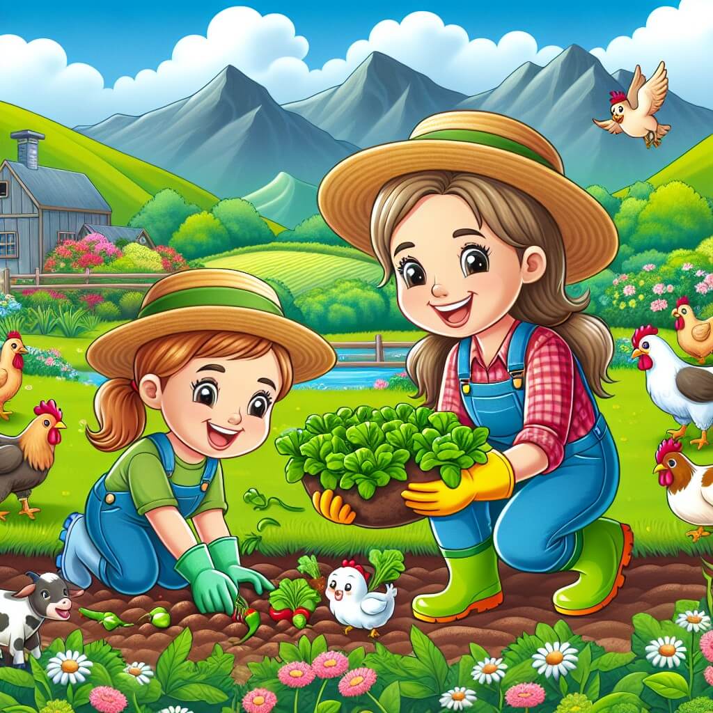 Une illustration destinée aux enfants représentant une femme souriante et courageuse, portant un chapeau de paille et des bottes en caoutchouc, cultivant des légumes colorés dans un magnifique champ verdoyant, avec l'aide amicale d'un groupe d'animaux joyeux, tels que des poules, des chèvres et des cochons, dans une ferme pittoresque située au cœur d'une vallée remplie de fleurs et entourée de montagnes majestueuses.