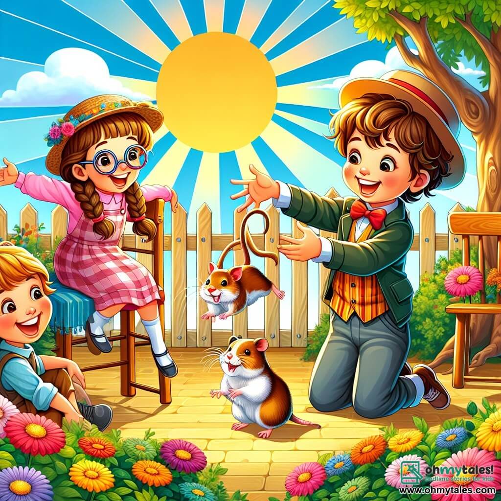 Une illustration sous forme de dessin destinée aux enfants représentant un jardin ensoleillé avec des fleurs colorées et des chaises en bois, où un garçon de 11 ans aux cheveux bouclés et au sourire éclatant essaie de rattraper un petit hamster espiègle qui s'échappe, tandis qu'une fille aux lunettes rondes et aux cheveux tressés, souriante, danse joyeusement à côté de lui, et un garçon au visage rieur, portant un chapeau de clown, se prépare à raconter une blague, le tout dans une ambiance de rires et de camaraderie, illustrant l'esprit d'amitié et de fun de leur talent show.