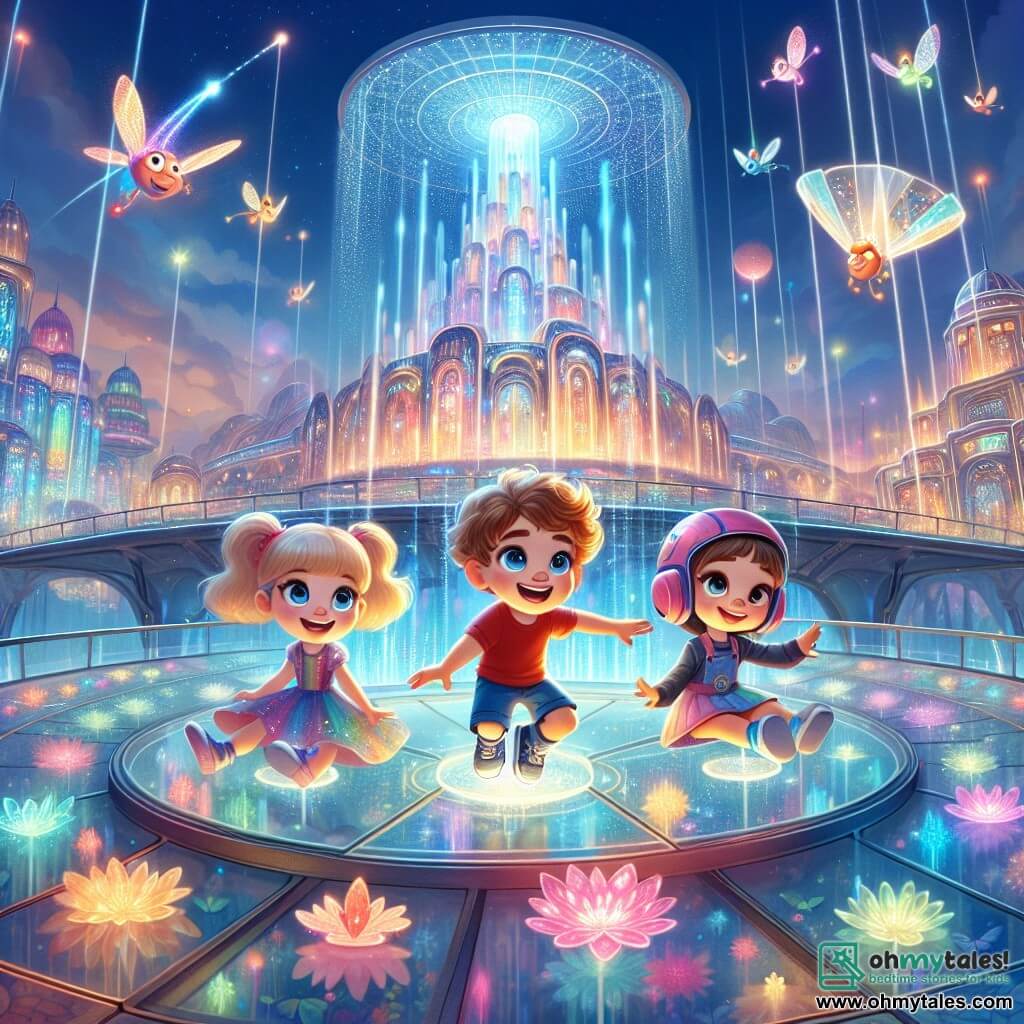 An illustration depicting a magical scene in the futuristic city of Glimmerdale. In the foreground, a large, sparkling crystal-shaped building emits colorful lights dancing in the air. Floating glass pathways wind around the buildings, illuminated by soft neon lights. Three children are present: a five-year-old boy with curly brown hair and sparkling blue eyes, wearing a red t-shirt and blue shorts, gazing in wonder. Next to him, a six-year-old girl with blonde pigtails, a pink helmet, and a colorful dress smiles joyfully. Finally, a seven-year-old boy with black hair and glasses, dressed in a green t-shirt, holds a holographic map glowing in his hands. The main scene shows the children approaching a glowing portal at the top of the crystal, ready to embark on new adventures. Dancing flowers and colorful fish float around them, adding a touch of magic to the environment. The sky is a bright blue, dotted with fluffy clouds, and colorful flying vehicles pass overhead, creating a dynamic and joyful atmosphere.