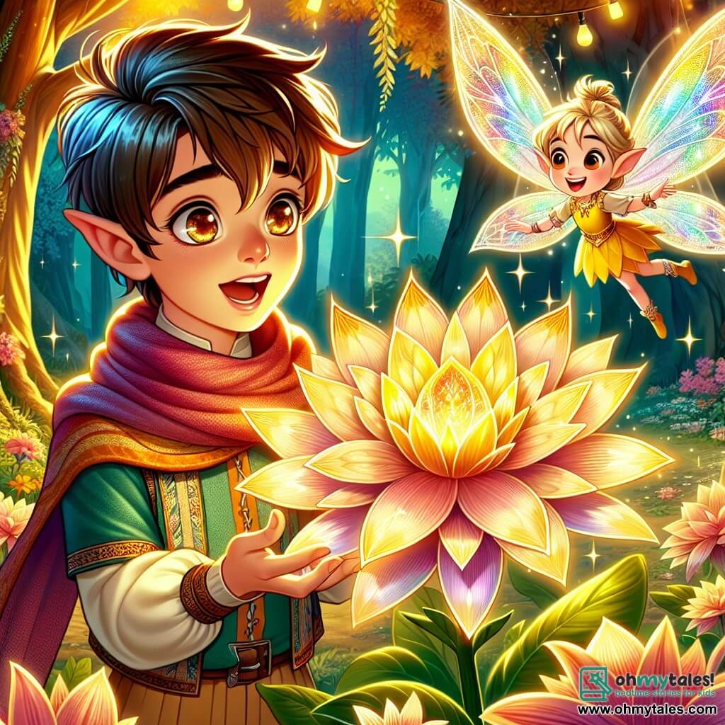 Une illustration sous forme de dessin destinée aux enfants représentant une clairière enchantée au cœur des Whispering Woods, baignée d'une lumière dorée, où un jeune homme aux cheveux bruns et aux yeux pétillants, vêtu d'une cape colorée, se tient émerveillé devant une magnifique fleur aux pétales irisés, tandis qu'une petite fée aux ailes scintillantes et aux cheveux dorés vole autour de lui, souriante et pleine de joie, illustrant le moment où ils découvrent ensemble la légendaire Crystal Blossom, symbole d'espoir et de magie dans leur quête pour apporter la joie au royaume d'Eldoria.