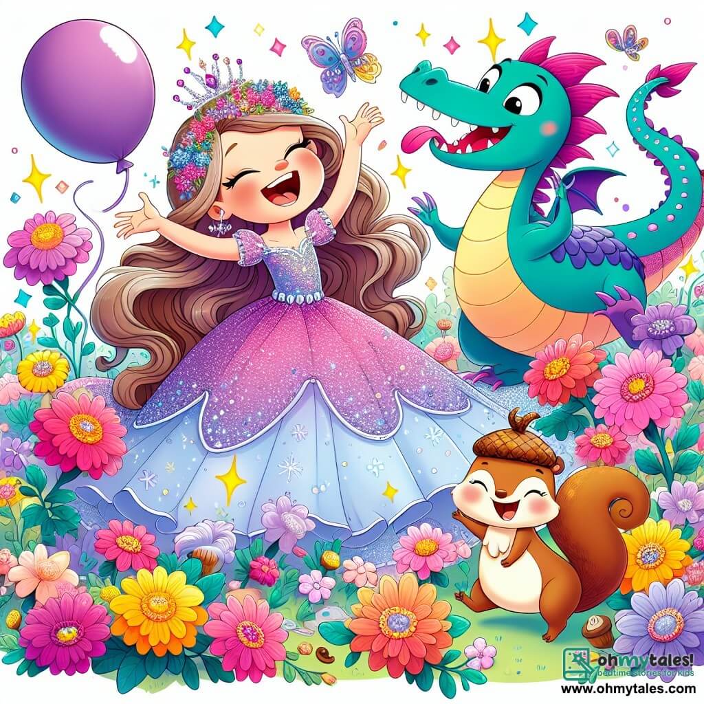Une illustration sous forme de dessin destinée aux enfants représentant un jardin enchanté aux fleurs colorées et scintillantes, où une princesse aux longs cheveux brillants et à la robe étincelante rit aux éclats en faisant des grimaces, entourée de son ami, un dragon rigolo aux écailles violettes qui flotte joyeusement avec un énorme ballon, et d'un petit écureuil portant un chapeau en glands qui danse en essayant de les faire rire, le tout dans une atmosphère joyeuse et pleine de magie, illustrant le moment où ils s'amusent ensemble dans le royaume enchanté.