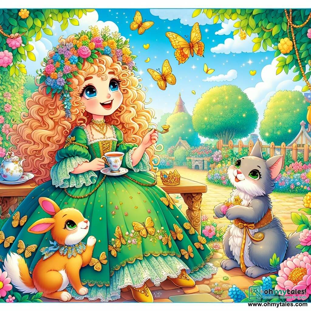 Une illustration sous forme de dessin destinée aux enfants représentant un jardin enchanteur dans le village de Bumblebrook, avec une femme aux cheveux bouclés et dorés, vêtue d'une robe verte ornée de papillons dorés, assise sur un banc en bois, tenant une tasse de thé tout en discutant joyeusement avec un petit lapin aux yeux brillants et un chat noble à la fourrure argentée, alors qu'ils planifient ensemble une quête pour retrouver la couronne magique de la reine, entourés de fleurs colorées et d'oiseaux chantants, sous un ciel ensoleillé et des arbres aux feuilles scintillantes.