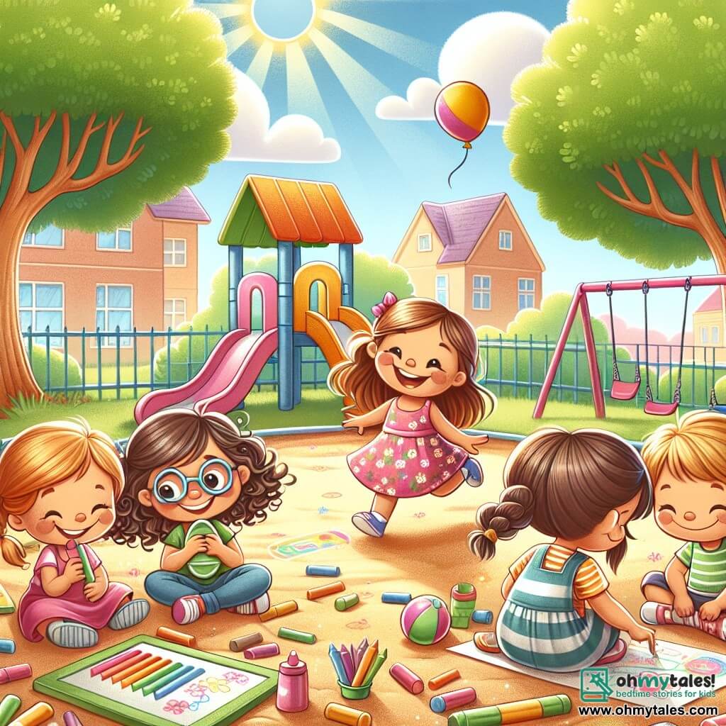 The illustration depicts a joyful scene in a sunny schoolyard. The ground is covered with fine sand and green grass, surrounded by tall trees with lush leaves providing shade. In the background, there is a large colorful slide and swings gently swaying. In the center, a group of four girls, aged about 7 to 8, are playing together. One girl, with long curly hair, wears a pink floral dress and laughs while running. Another girl, wearing glasses and with straight hair, is drawing on a blackboard with colored chalk. The third girl, with pigtails, smiles while holding a frisbee, ready to throw it. The last girl, with brown hair in a braid, is sitting on the ground surrounded by colorful paper, creating a poster for their club. The main scene shows the girls having fun together, sharing laughter and ideas for their friendship club, illustrating the spirit of camaraderie and creativity in the playground. Colorful balloons float in the air, and children's drawings decorate the walls, adding a touch of magic to this playful scene.