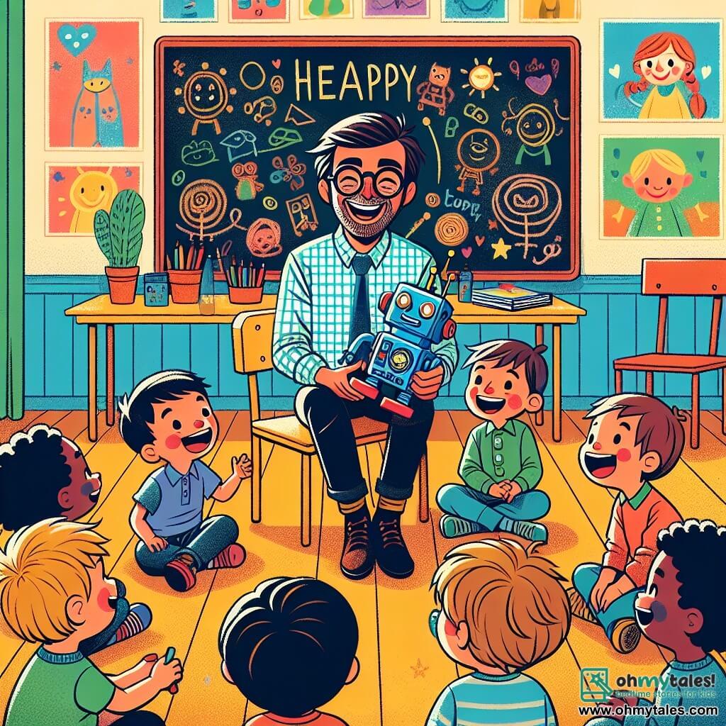 Une illustration sous forme de dessin destinée aux enfants représentant une salle de classe colorée et ensoleillée, avec des murs décorés de dessins d'enfants et un grand tableau noir, où un homme au sourire chaleureux et aux yeux pétillants, portant des lunettes et une chemise à carreaux, se penche avec enthousiasme vers un petit garçon aux cheveux bruns et aux yeux curieux, qui s'exprime joyeusement en tenant un robot en plastique bleu dans ses mains, tandis qu'un groupe d'autres enfants, des garçons et des filles, assis sur des chaises, les écoute avec des expressions émerveillées, créant une atmosphère de partage et de camaraderie autour de leurs histoires préférées.