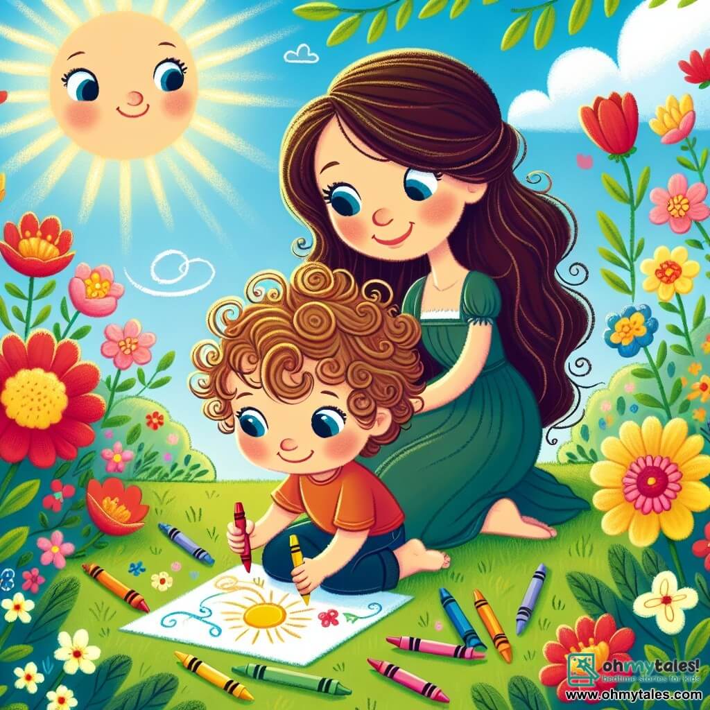 Une illustration sous forme de dessin destinée aux enfants représentant un jardin en pleine floraison au printemps, avec un petit garçon de 1 an aux cheveux bouclés et aux yeux pétillants, assis sur l'herbe verte en train de dessiner un soleil et des fleurs colorées avec des crayons, tandis que sa maman, une femme souriante aux cheveux longs et bruns, l'observe avec tendresse, entourés de fleurs rouges et jaunes éclatantes, sous un ciel bleu ensoleillé, capturant la joie et la magie d'une journée printanière.