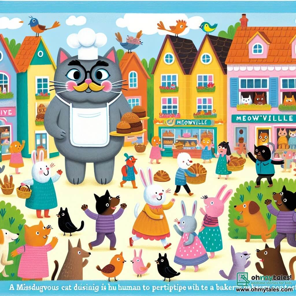 Une illustration destinée aux enfants représentant un chat malicieux, se déguisant en humain pour participer à un concours de pâtisserie, accompagné d'une joyeuse foule de villageois dans une charmante petite ville colorée appelée Meowville.