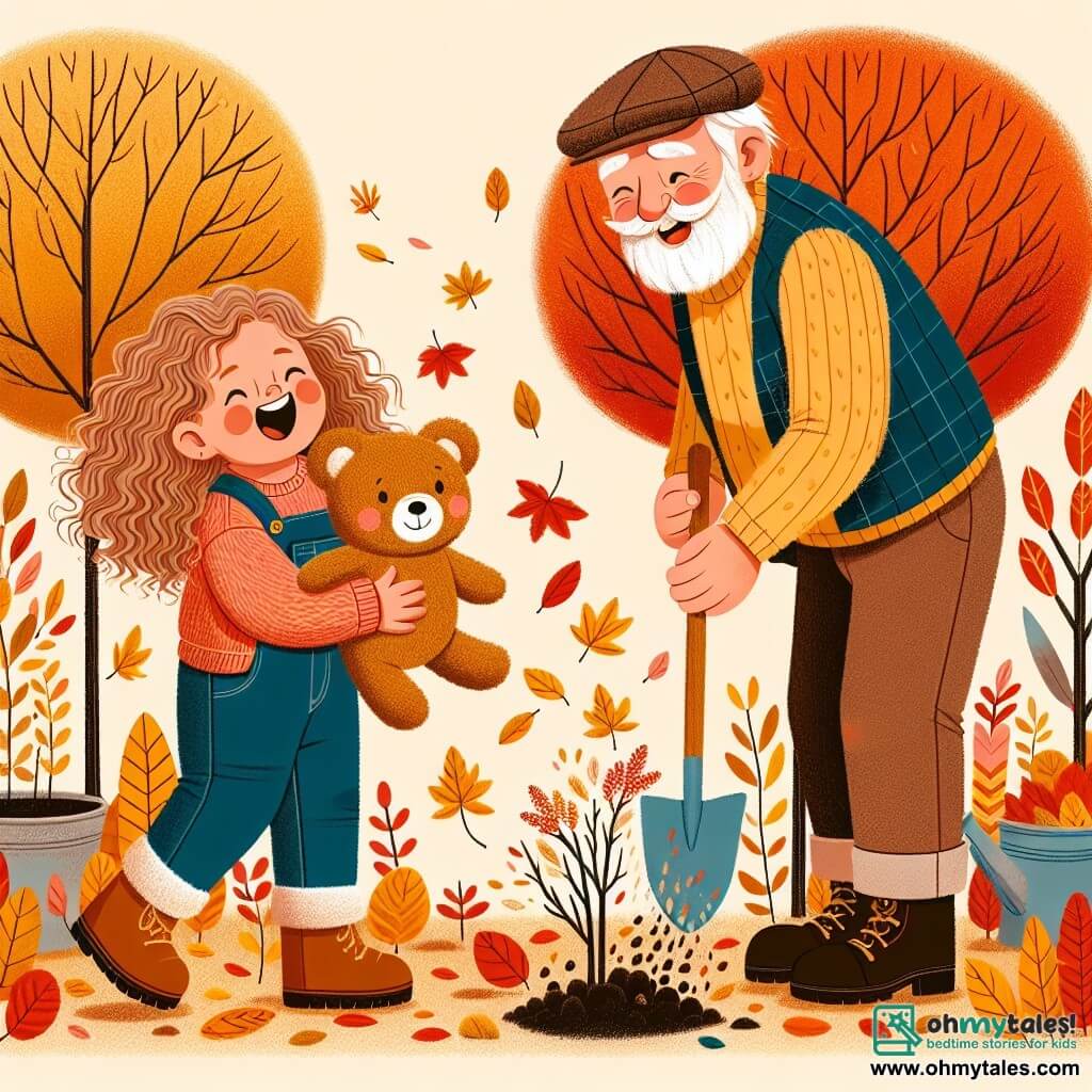 Une illustration sous forme de dessin destinée aux enfants représentant un jardin d'automne aux couleurs chaudes, avec une petite fille de 1 an aux cheveux bouclés et aux joues roses, riant joyeusement en tenant un teddy bear en peluche, tandis qu'un homme âgé aux cheveux gris et à la barbe soignée, vêtu d'un chapeau de jardinier, plante des arbres tout en souriant, le sol jonché de feuilles dorées et rouges qui tombent des arbres, créant une ambiance magique et joyeuse.