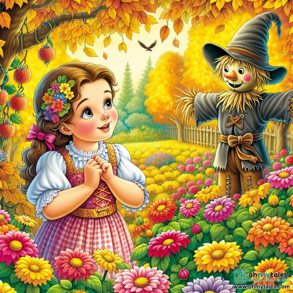 Une illustration destinée aux enfants représentant une jeune fille émerveillée par un jardin secret rempli de fleurs aux couleurs éclatantes, accompagnée d'un épouvantail bienveillant, dans un parc d'automne aux arbres ornés de feuilles dorées et chatoyantes.