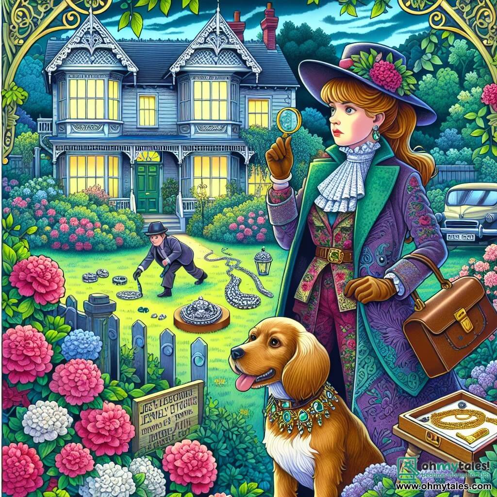 Une illustration destinée aux enfants représentant une femme détective brillante, entourée de mystère et d'intrigue, accompagnée d'un fidèle compagnon canin, résolvant une affaire de vol de bijoux dans une petite ville pittoresque de Willowbrook, avec sa charmante maison victorienne entourée de magnifiques jardins fleuris.