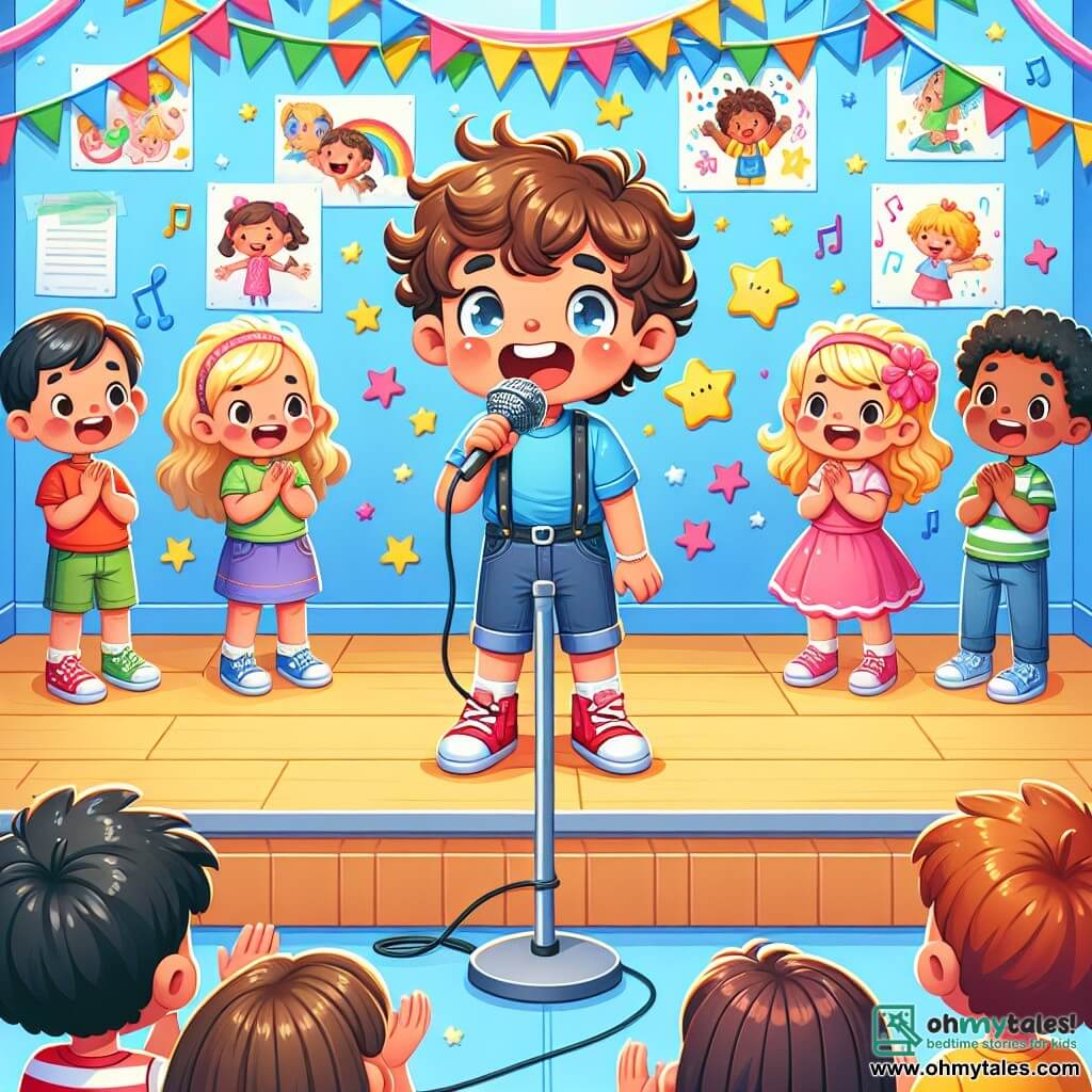 An illustration depicting a colorful scene of a talent show in a bright classroom. The walls are decorated with children's drawings and multicolored garlands. In the center of the stage, a 4-year-old boy with curly brown hair wears a blue shirt and red shoes. He stands on a small wooden stage, holding a microphone, with a big smile and sparkling joyful eyes, singing enthusiastically. Around him, several children aged 4 to 5 watch him with admiration. A little girl with braided blonde hair, dressed in a pink dress, claps with a big smile. A boy with black hair, wearing a green t-shirt, looks on with wide eyes, ready to applaud. The main scene shows the little boy singing confidently, surrounded by his friends who encourage him. Stars and musical notes float around him, symbolizing the joy and energy of his performance. The atmosphere is festive, filled with bright colors and smiles, illustrating the themes of self-confidence and friendship.