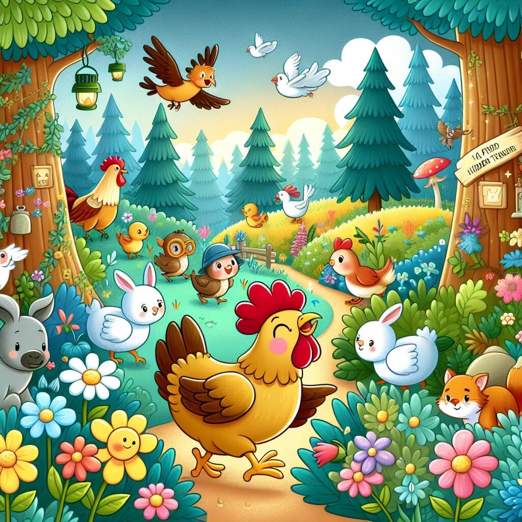 Une illustration destinée aux enfants représentant une poule espiègle se lançant dans une quête pour trouver un trésor caché, accompagnée de ses amis animaux, dans une forêt enchantée remplie de fleurs colorées, d'arbres majestueux et d'animaux curieux.