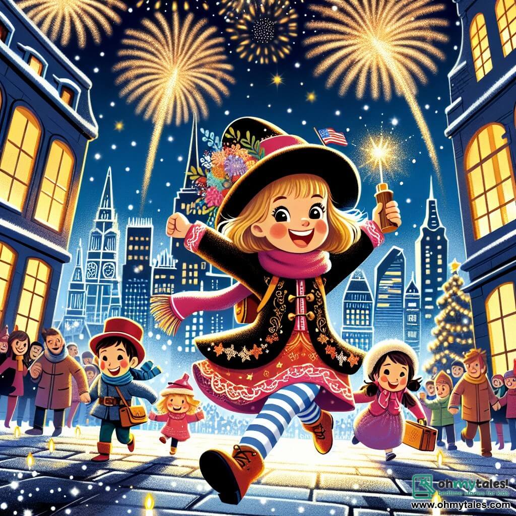 Une illustration destinée aux enfants représentant une fillette pétillante vivant une aventure incroyable lors de la fête du Nouvel An, accompagnée de ses amis et sa famille, dans une ville animée illuminée par des feux d'artifice scintillants.