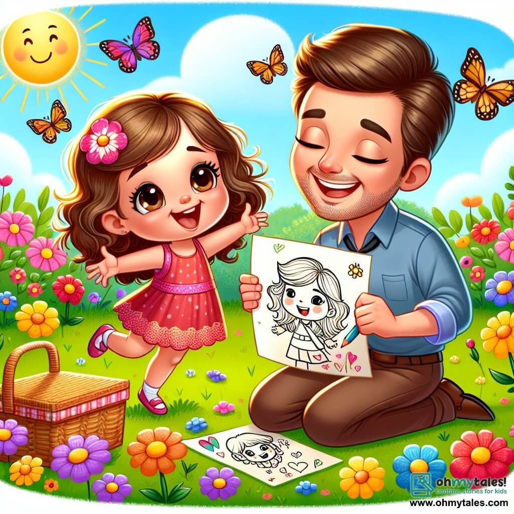 Une illustration sous forme de dessin destinée aux enfants représentant un jardin ensoleillé rempli de fleurs colorées, où une petite fille de six ans aux grands yeux bruns et aux cheveux bouclés danse joyeusement en tenant un dessin dans ses mains, tandis qu'un homme souriant, son père, aux cheveux bruns et à la barbe légère, s'accroupit à côté d'elle, émerveillé par le cadeau qu'elle lui a préparé pour la fête des pères, avec des papillons virevoltant autour d'eux et un panier de pique-nique à leurs côtés.