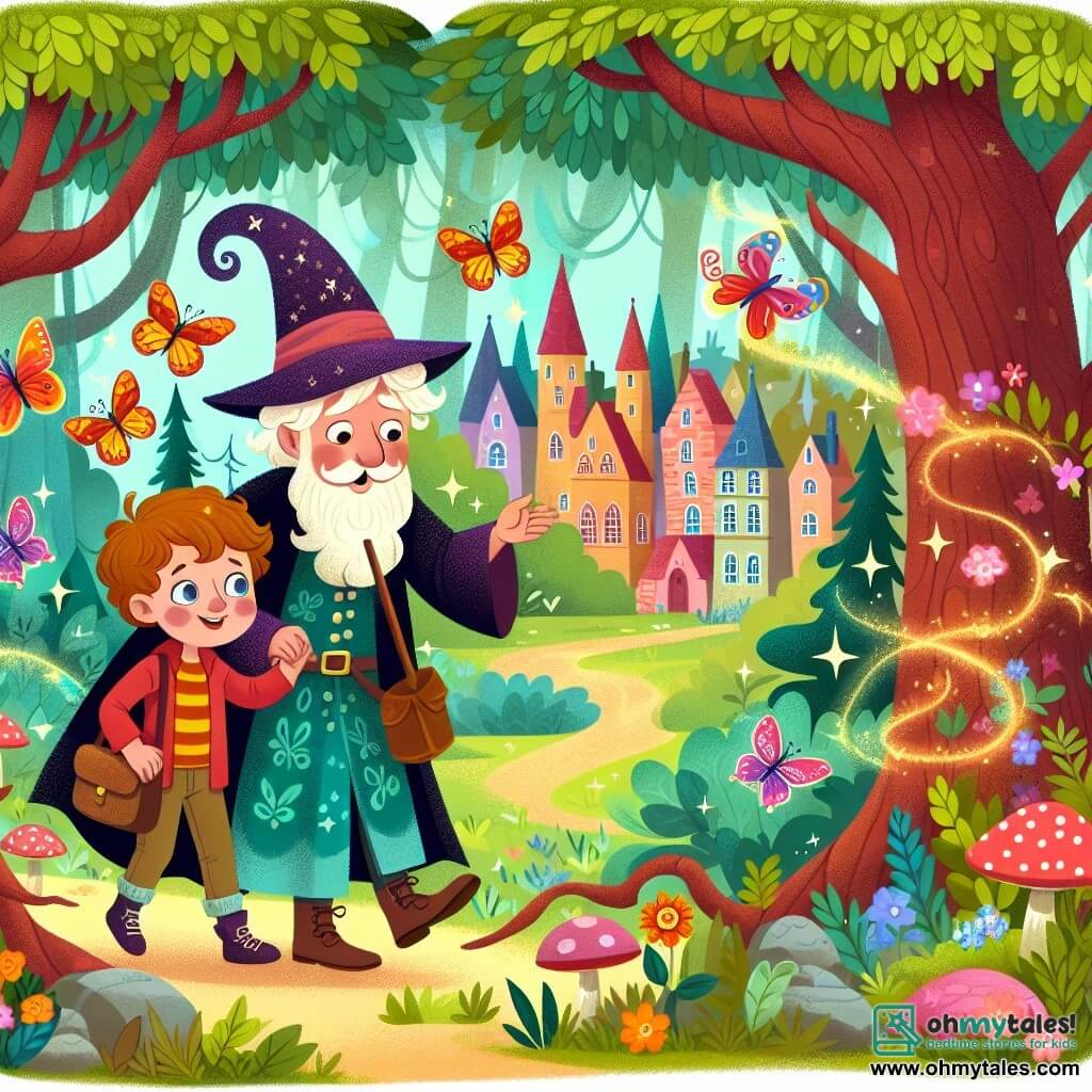 Une illustration destinée aux enfants représentant un garçon curieux, accompagné d'un magicien sage, explorant une forêt enchantée aux arbres dansants et aux papillons colorés, dans une ville animée de Brightonia.