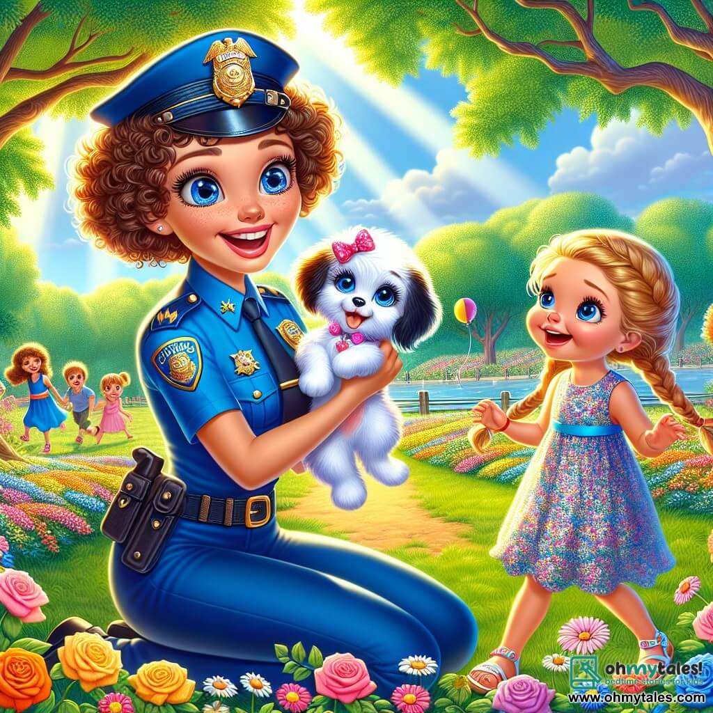 An illustration depicting a lively scene in a sunny park, where majestic trees with vibrant green leaves sway gently in the breeze. Colorful flowers, including roses and daisies, dot the ground, creating a carpet of bright colors. In the center, a smiling policewoman with curly brown hair and sparkling eyes is kneeling, holding a fluffy puppy with a large pink bow on its collar. She wears a bright blue uniform with a shiny badge on her chest and has a reassuring and friendly demeanor. 

Beside her, a little girl about 7 years old, with braided blonde hair and blue eyes, gazes at the puppy in wonder. She wears a floral dress and sandals, smiling widely with her arms open, ready to embrace her precious companion. 

The scene captures the moment when the policewoman comforts the little girl, who has just found her lost puppy. Children play in the background, laughing and running, while a colorful balloon floats in the blue sky. A sense of joy and camaraderie emanates from the illustration, showcasing the spirit of support and adventure that prevails in the park.