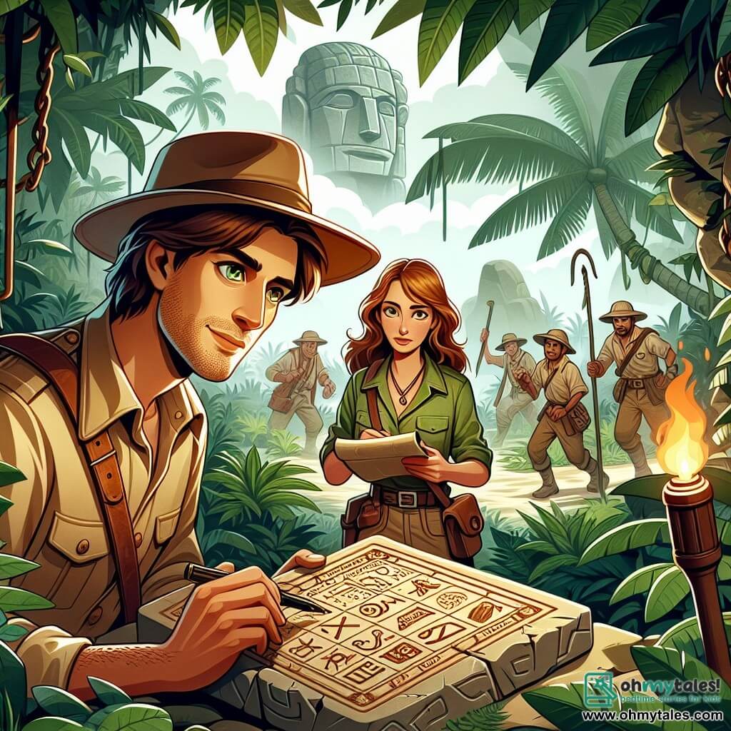 Une illustration sous forme de dessin destinée aux enfants représentant une jungle luxuriante et mystérieuse de l'île de Verenthia, avec un homme aux cheveux bruns et aux yeux pétillants, portant un chapeau d'explorateur et tenant une carte ancienne, tandis qu'il est accompagné d'une femme aux cheveux auburn, vêtue d'une blouse d'aventurière, qui examine des symboles gravés sur une pierre, tous deux faisant face à un groupe d'hommes aux expressions déterminées, armés de torches et de pioches, qui s'approchent d'eux avec l'intention de s'emparer des trésors cachés de l'île, créant une atmosphère de tension et d'aventure.
