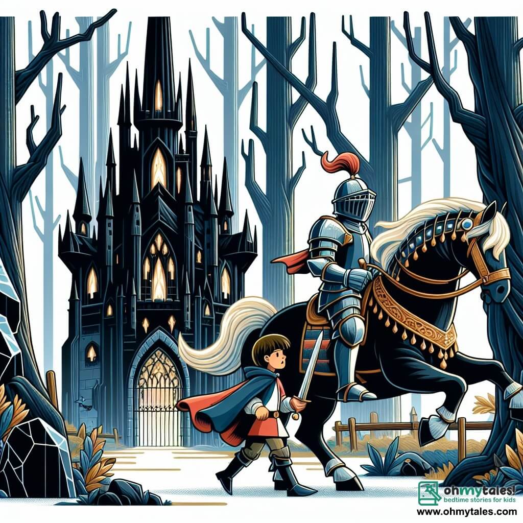Une illustration destinée aux enfants représentant un courageux chevalier, chevauchant son fidèle destrier à travers une sombre forêt enchantée, accompagné d'un jeune écuyer garçon, en route vers une imposante tour noire aux pierres pulsant d'énergie sombre, dans le royaume magique d'Enchantia.