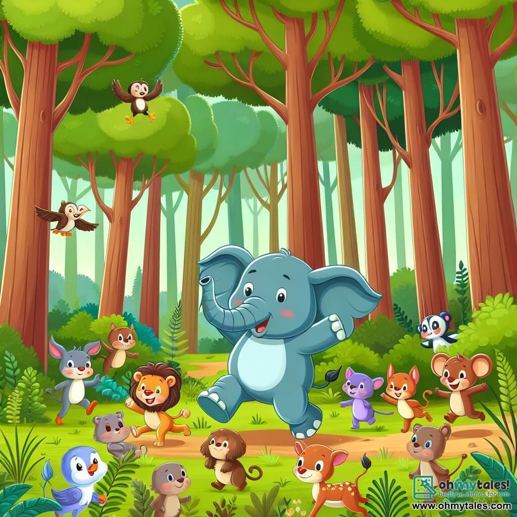 Une illustration destinée aux enfants représentant un éléphant joyeux qui se lance dans une aventure amusante avec ses amis animaux dans une forêt luxuriante, remplie de grands arbres verdoyants et d'animaux curieux et espiègles.
