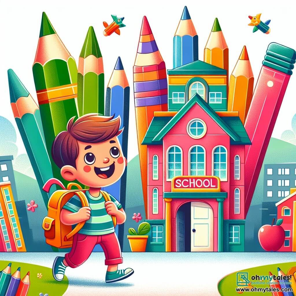 Une illustration destinée aux enfants représentant un jeune garçon plein d'excitation, portant un sac à dos coloré, marchant joyeusement vers une école remplie de bâtiments en forme de crayons, de livres et de crayons de couleur, où il va rencontrer de nouveaux amis et vivre des aventures passionnantes lors de sa première journée d'école.