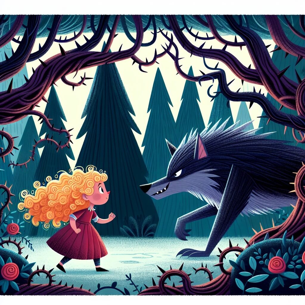 Une illustration destinée aux enfants représentant une jeune fille courageuse aux boucles dorées, se tenant face à un grand méchant loup, dans une sombre forêt enchantée où les arbres noueux et les épines épineuses créent une atmosphère mystérieuse et effrayante.