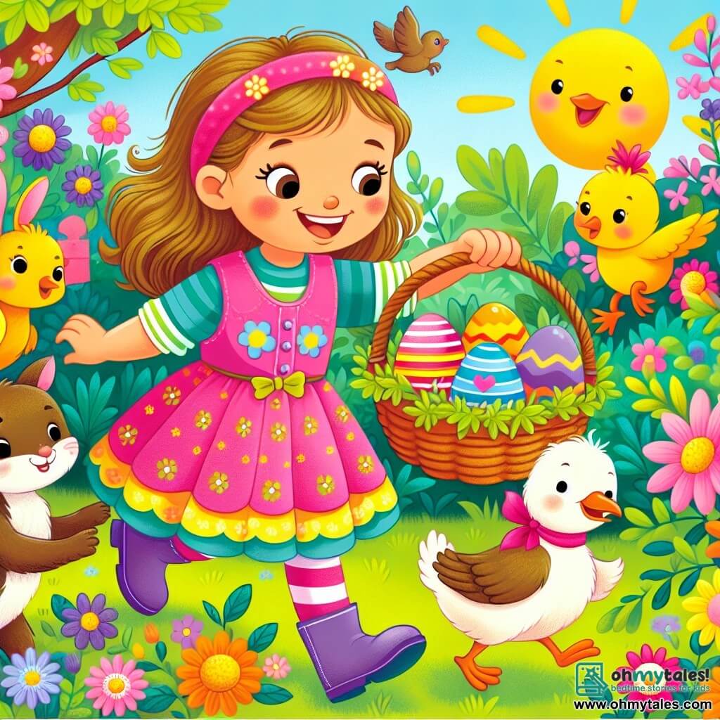 Une illustration destinée aux enfants représentant une fillette joyeuse, à la recherche d'œufs de Pâques, accompagnée de ses amis animaux, dans un jardin fleuri aux couleurs éclatantes.