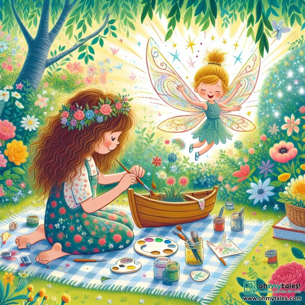 Une illustration sous forme de dessin destinée aux enfants représentant un jardin ensoleillé, rempli de fleurs colorées et d'arbres verdoyants, où une fille de 9 ans aux cheveux bruns et bouclés, vêtue d'une robe à motifs floraux, est assise sur une couverture en plaid, peignant avec enthousiasme un petit bateau en bois, tandis qu'une petite fée aux ailes scintillantes et aux cheveux dorés, flottant à côté d'elle, l'encourage joyeusement avec des étincelles de magie autour d'elles, capturant l'instant magique de la préparation d'un cadeau pour la fête des pères.